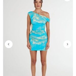 New with Tags: Summi Summi One-Shoulder Blue & Gold Dress